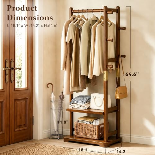 Coat Rack Solid Wood Hall Tree Storage 2 Shelves 5 Hooks | Hallway bedroom living room, durable wood construction, freestanding organizer design, coats hats wallets garments - size: Walnut - S (18.1''L×12.6''W×64.5''H)