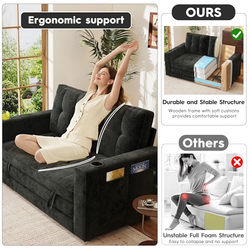 55" Convertible Folding Sofa Bed, Pull Out Couch Love Seat Sleeper Bed, Small Fold Out Loveseat Sleeper with Cup Holder and Pillow for Small Space, Bedroom Lounge, Dorm, Living Room(Black Chenille) - color: Black