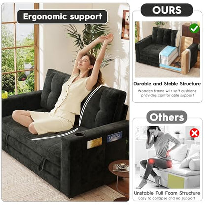 55" Convertible Folding Sofa Bed, Pull Out Couch Love Seat Sleeper Bed, Small Fold Out Loveseat Sleeper with Cup Holder and Pillow for Small Space, Bedroom Lounge, Dorm, Living Room(Black Chenille) - color: Black