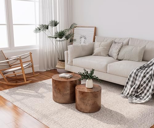 18.9" Round Nesting Coffee Table Set of 2, Modern Wooden Coffee Tables Small Circle Center Table for Living Room, Accent End Table Set, No Assembling (Brown Burl) - color: A-brown Burl