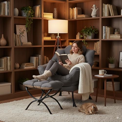 Lazy Chair with Ottoman, Comfy Accent Reading Chair, Dark Grey | Foldable Footrest,Removable Cover,with Armrests and Side Pockets,Upholstered Lounge Chair for Bedroom,Dorm,Office,Small Space - color: Dark Grey