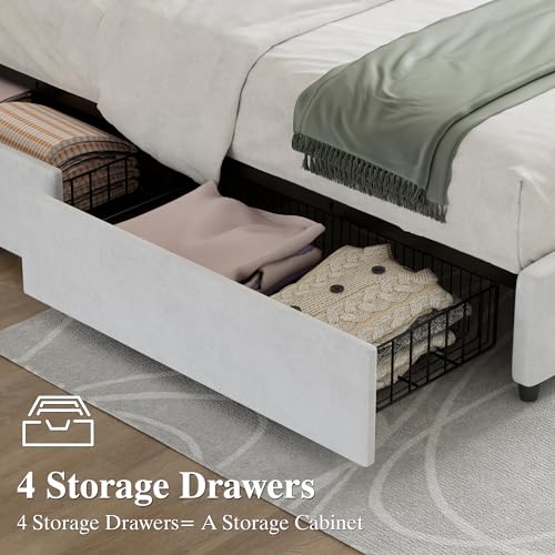 VECELO King Size Bed Frame with 4 Storage Drawers, Adjustable Height Headboard, Heavy-Duty Bedframe with Strong Wooden Slats, No Box Spring Needed, Pure White - color: Pure White, size: King, style: Bed Frame With Drawers