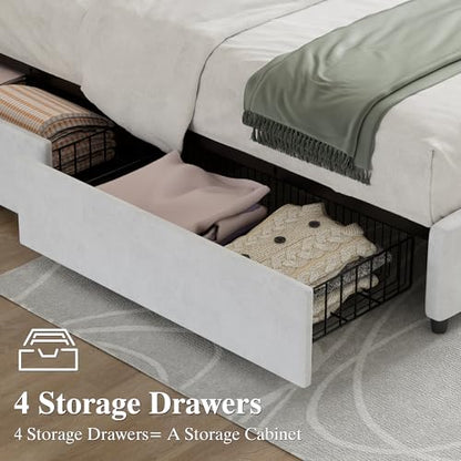 VECELO King Size Bed Frame with 4 Storage Drawers, Adjustable Height Headboard, Heavy-Duty Bedframe with Strong Wooden Slats, No Box Spring Needed, Pure White - color: Pure White, size: King, style: Bed Frame With Drawers