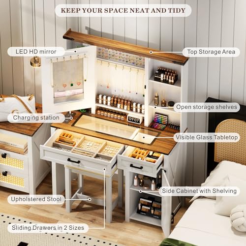 TAGELIER Farmhouse Vanity Desk Mirror with Lights with Charging Station | Glass Top 3 in 1 Vanity Table with Drawers & Shelves, Rustic Big Makeup Desk for Bedroom/Cloakroom, Stool Included - style: White