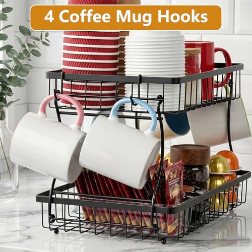 Coffee Mug Holder, Metal Cup Holder Rack with 2 Tier Storage Base, Coffee Mug Holder for Countertop Kitchen Storage Tea Kcup with 4 Hooks - color: 2-Tier (Wire Basket)