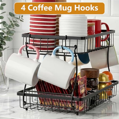 Coffee Mug Holder, Metal Cup Holder Rack with 2 Tier Storage Base, Coffee Mug Holder for Countertop Kitchen Storage Tea Kcup with 4 Hooks - color: 2-Tier (Wire Basket)
