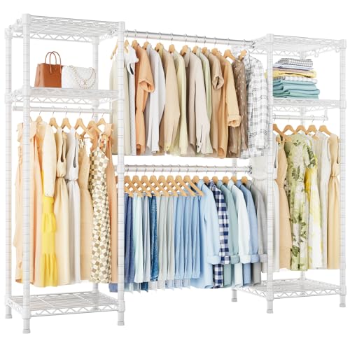 E7 Heavy Duty Garment Rack, Metal Clothing Racks for Hanging Clothes | Freestanding Closet System with 2 Extendable Rods and 6 Shelves, Portable Wardrobe Storage System for Holding 838 lbs, White - color: White