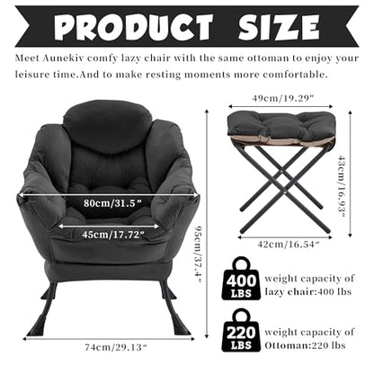 Lazy Chair with Ottoman, Comfy Reading Chair, Black | Cushioned Seat with Foldable Ottoman and Side Pocket, Lounge Chair for Bedroom, Living Room, Dorm and Small Spaces - color: Black