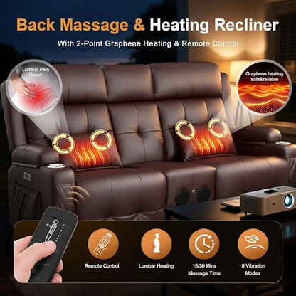 Home Theater Seating, Power Loveseat Recliner Sofa with Massage & Heat | Wall Hugger Reclining Loveseat with USB, RV Couch with LED Lights, Flip Backrest, Cup Holders for Movie Theater, Gaming Room - color: Brown, size: 72" - 2 Seats