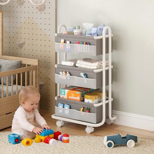 3-Tier Baby Diaper Caddy Organizer Cart, Mobile Nursery Storage Carts with Wheels, 3 Dividers & 6 Mesh Pockets Durable Metal Utility Cart for Nursery, Bedroom, Bathroom, Baby Essentials Organization - color: White