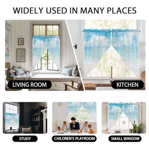 zokyer Short Coastal Swag Curtains, Beach Theme, 28" W x 36" L, Rod Pocket | 2 Panels, Hawaiian Tropical Nautical Seascape, S-ummer Blue Sea Sky Ocean Landscape, Sand Small Mini Kitchen Drapes Decor - size: 28"W x 36"L (Pack of 2)