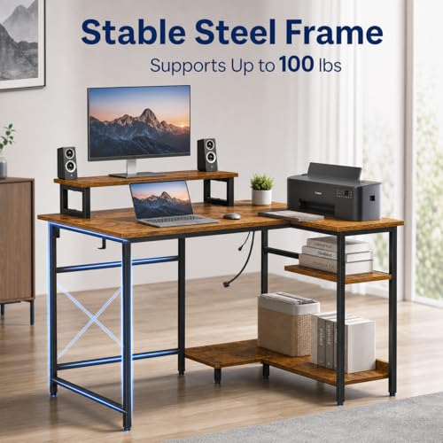 DEVAISE Compact 43 Inch L Shaped Gaming Desk with LED Lights, Rustic Brown | Steel frame and engineered wood desktop with 2 AC outlets, 2 USB ports, and monitor stand for compact gaming setups - size: 43 Inch