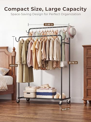 Clothes Rack, Rolling Clothing Rack with Double Rods for Hanging Clothes, Portable Garment Rack with Wheels, Metal Wardrobe Closet Organizer for Bedroom and Laundry Room