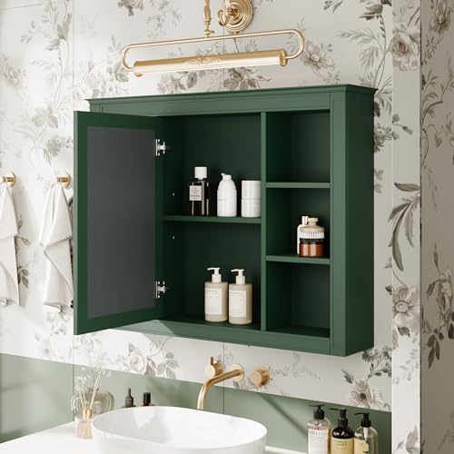 Wall Mounted Medicine Cabinet, Bathroom Storage Cabinet with Mirror Door and 6 Adjustable Open Shelf (7.3" D x 35" W x 27.5" H) (Green) - color: Green