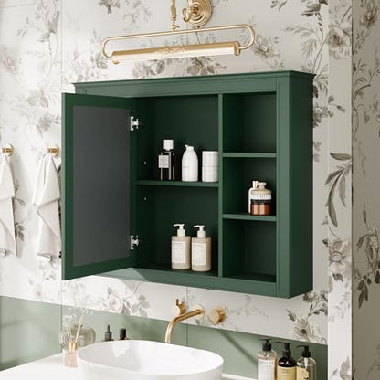 Wall Mounted Medicine Cabinet, Bathroom Storage Cabinet with Mirror Door and 6 Adjustable Open Shelf (7.3" D x 35" W x 27.5" H) (Green) - color: Green