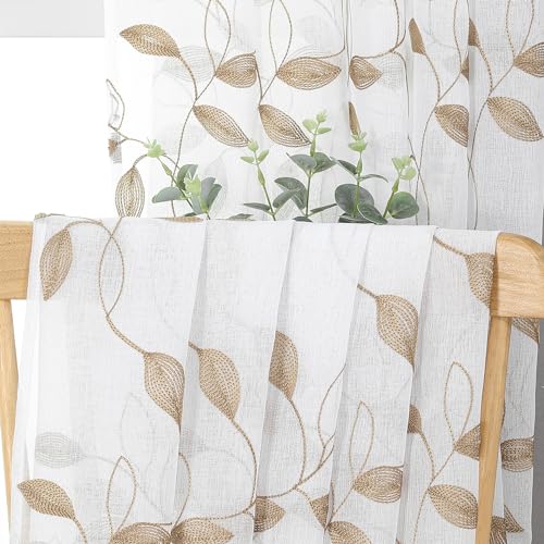 Tollpiz Taupe Leaf Sheer Tier Curtain Kitchen 30 x 36 Inches | Leaves Embroidered Curtains Rod Pocket Voile Bathroom Window Treatment for Cafe, Set of 2 Panels - color: Taupe, size: 30"W x 36"L (Pack of 2)