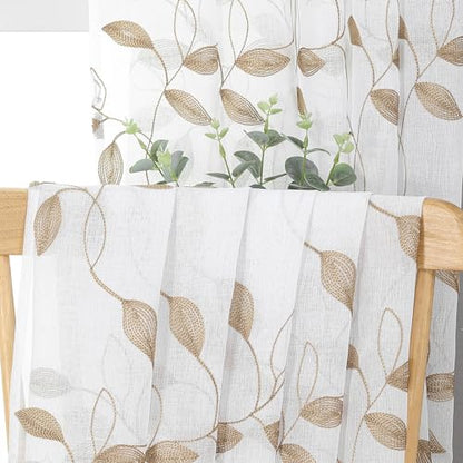 Tollpiz Taupe Leaf Sheer Tier Curtain Kitchen 30 x 36 Inches | Leaves Embroidered Curtains Rod Pocket Voile Bathroom Window Treatment for Cafe, Set of 2 Panels - color: Taupe, size: 30"W x 36"L (Pack of 2)