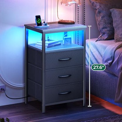 Huuger Night Stand with Charger Station and LED Lights, 3 Drawer Nightstand | Bed Side Table with Open ShelfEnd TableTall Fabric Dresser for Bedroom, Grey - color: Grey, size: 11.8"D x 15.7"W x 27.6"H（3 Drawers）