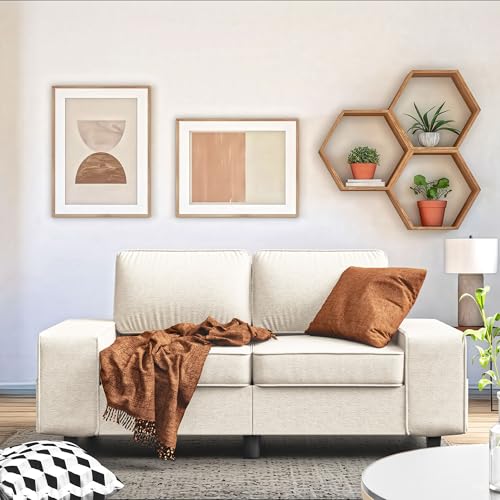 71" Small Loveseat Couch, 2 Seater Chenille Sofa with 4 Side Pockets, Removable and Washable Cushions, Mid Century Modern, Living Room, Apartment, Studio (Cream) - color: Cream Chenille, size: 71 "