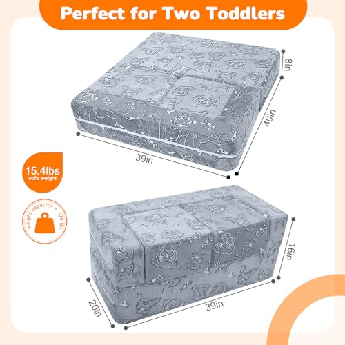 MeMoreCool Glow in Dark Dog Kids Couch, Fold Out Loveseat Sofa 39x20x16in | Grey dog glow in dark kids loveseat with armrests and pocket - color: Dog