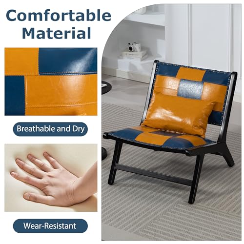 Accent Chair, Modern Comfy Genuine Leather Armless Accent Chairs | Mid-Century Anthropologie , Lounge Arm Chair with Solid Wood, Floral Pattern Sofa Chair for Living Room/Balcony/Bedroom - color: Leather-yellow-1818