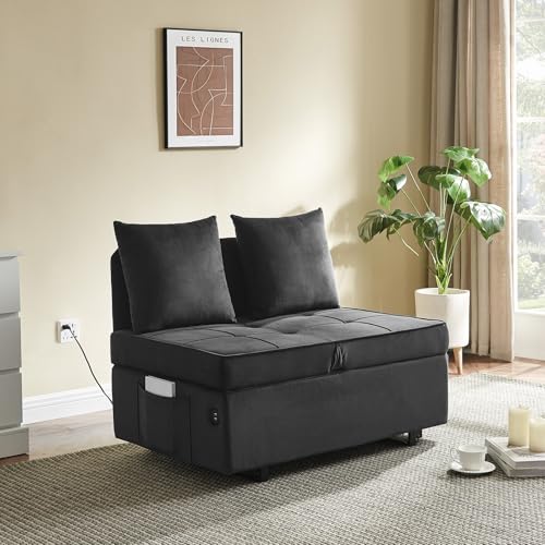 Convertible Sofa Bed 4-in-1 Pull Out Couch, Ottoman Bed Sleeper, Dark Grey | Velvet Love seat Couch Sleeper Chair Bed with USB Ports, 5 Adjustable Backrest and Pillow for Living Room Apartment Office - color: Grey