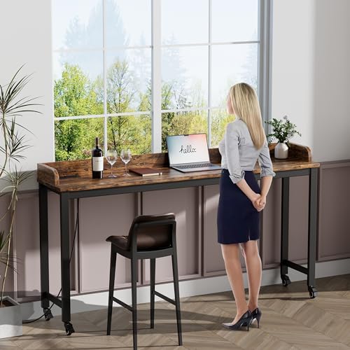 Ytaoka 70.8" Standing Desk with Charging Station, Extra Long Desk on Wheels for Standing and Sitting, Sofa Table Behind Couch with Power Outlets and USB Ports, Easy Assembly, Walnut - color: 70.86" Walnut
