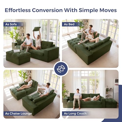 MAXYOYO Boneless Couch, 104-Inch L-Shaped Cloud Couch with Ottoman | Dark Green Upholstered Sofa Features Layered Cushions and Flexible Modules with No Assembly, Ideal for Modern Living Rooms. - color: Dark Green, size: 104" L Shape