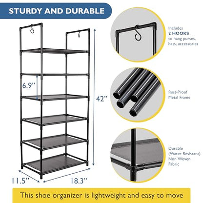 Sundaze Shoe Rack - 6 Tier Tall Shoe Rack for Closet, Sturdy Stackable Shoe Organizer for Closet, Bedroom, Entryway, Garage, Non Woven Fabric Shelf, Black, Holds 12-18 Pairs - size: 6 Tier (18.3" W)
