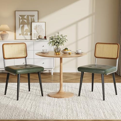 Garvee Rattan Dining Chairs Set of 2, Upholstered Dining Room Chairs with Rattan Backrest, Armless Side Chairs for Kitchen Living Room, Restaurant, PU Leather, Dark Green | Upholstered Kitchen Chairs with Rattan Backrest, Armless Side Chairs for Kitchen,