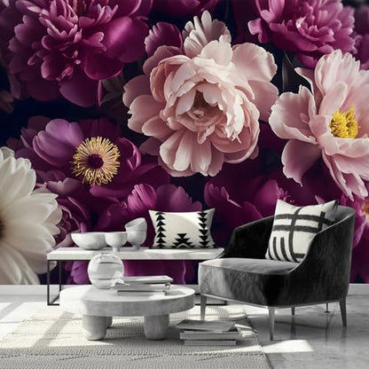 AFZEVEB-Dark Peony Floral Peel and Stick Wallpaper Purple Flowers Mural | Self adhesive paper,Bedroom,136"x100" - color: Z804, size: 136" x 100"