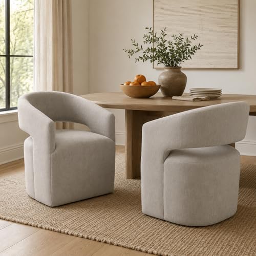 Compact Barrel Arm Chair with Casters, Upholstered Accent Chair with Open Back Cutout, Plush Rounded Seat, Pedestal Base for Living Room Bedroom Vanity, Taupe - color: Taupe