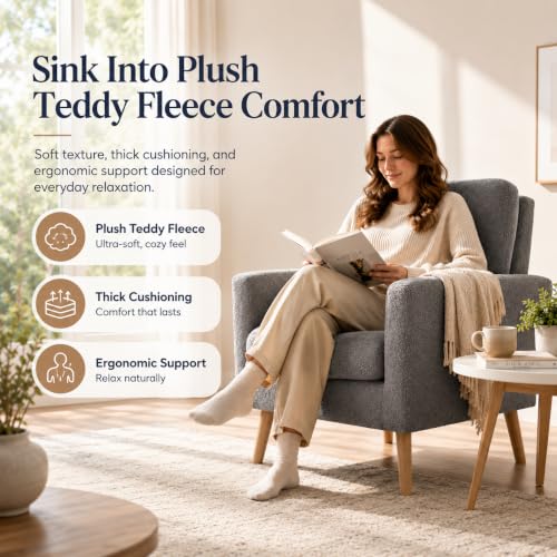 Naomi Home Frida Teddy Fleece Accent Chair, Mid-Century Modern Inspired Armchair with Plush Upholstery, Thick Cushioning & Oak Legs, Cozy Living Room Chair for Bedroom, Reading Nook & Lounge Seating | Thick Cushions, Ergonomic Backrest, Solid Oak Legs, Co