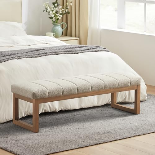 Zihanhome 52.7" Bedroom Bench for End of Bed, Modern Upholstered Teddy Fabric Entryway Bench & Dining Bench, Footrest Stool Bench with Solid Wood Frame for Bedroom, Living Room (Camel) - color: Camel