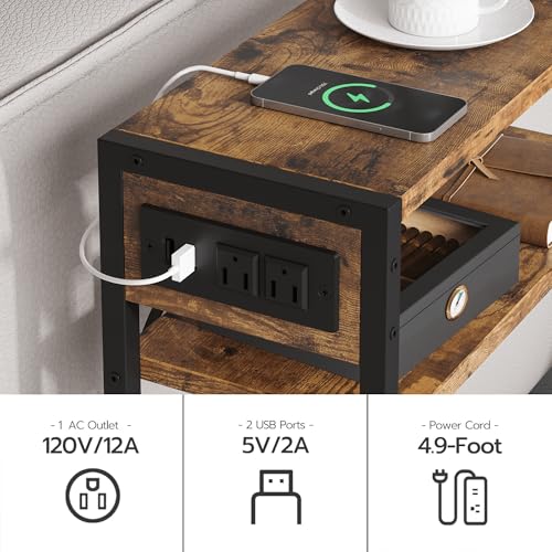 Leomonio Narrow Side Table, Slim End Tables with Fabric Basket, Skinny Table for Small Spaces, Thin Bedside Table for Living Room, Bedroom (1, Rustic Brown - Outlet) - color: Rustic Brown - Outlet