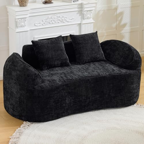 67" Curved Loveseat Sofa with 2 Pillows, Modern Boneless Couch in a Box, Small Cloud Loveseat for Bedroom Small Space Apartment Living Room, Memory Foam, Chenille, No Assembly (Black) - color: Black