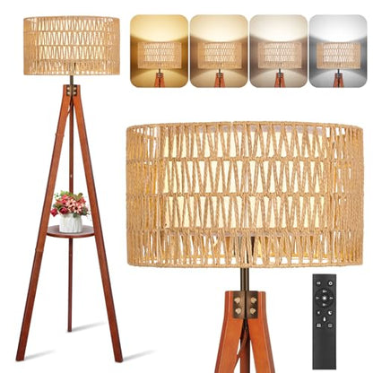 OUTON Boho Rattan Tripod Floor Lamp with Shelves, Remote Control, Dimmable Mid Century Modern Standing Lamp 58.5" for Bedroom, Living Room & Office, Lamp Shade Includes E26 9W Bulb, Walnut - color: Walnut & Rattan Shade