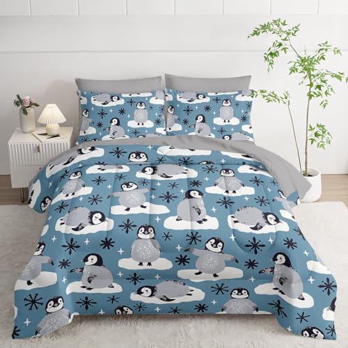 7Pcs Comforter Set Cartoon Penguin Black Snowflakes Printed Bedding Set with 1 Comforter,1 Flat Sheet,1 Fitted Sheet and 4 Pillowcases for Boys and Girls Bedroom All Season(Twin) - color: Cartoon Penguin, size: Twin 68x86inches
