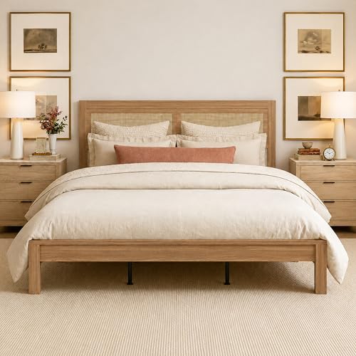 King Bed Frame with Headboard Wood, Rattan Boho Bedframe with Wooden Slats Surpport, Easy Assembly Platform Bed, No Box Spring Needed, Natrual Walnut - size: King (U.S.Standard)