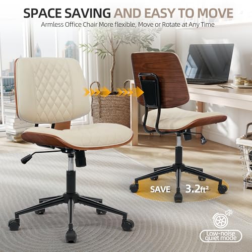 Home Office Desk Chair with Swivel Wheels, Ergonomic Adjustable Height Small Office Chair, Premium PU Leather Armless Computer Chair for Home Office, Reading Meeting Room, Modern Walnut Style (Beige) - color: Mcm Style-beige
