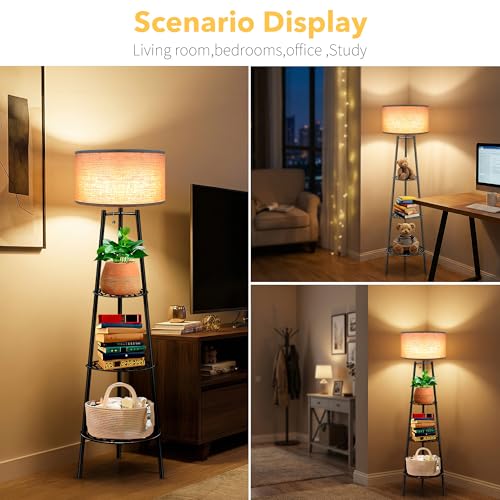 ZQQLITE Floor Lamp with Shelves for Living Room， Standing Lamp，Tall Lamp， Amparas Elegantes para Sala with Linen Shade，Modern Floor Lamp for Living Room，Bedroom or Office（Black ） - color: Black