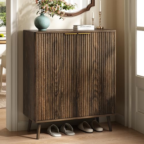 5-Tier Shoe Storage Cabinet with Adjustable Shelves, Walnut丨Fluted Shoe Cabinet with Doors, Wooden Freestanding Shoe Organizer Shoe Cabinet for Entryway, Hallway, Living Room - color: Walnut