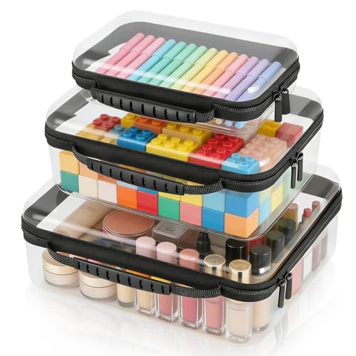 3 Pack Clear Hard Shell Zipper Storage Case Deep Capacity Organizer Pouches | PET Waterproof Transparent Bags with Handle 1.2mm Thick for Makeup Toiletries Cosmetics Toys Art Supplies Travel Essentials - color: black