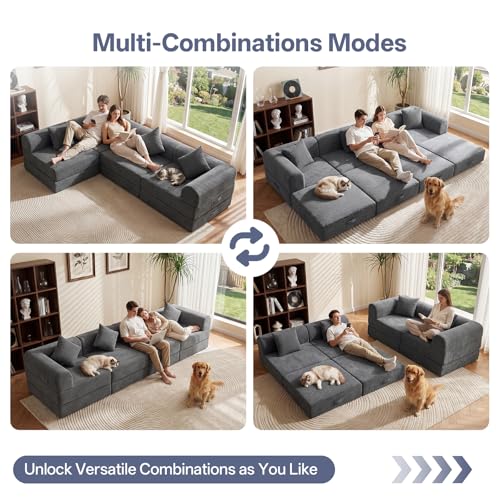 112" L Shaped Modular Sectional Sofa with Ottoman, Cloud Boneless Couch Deep Seat with 4 Pillows, Oversized Folding Sofa Bed Couches for Living Room Bedroom,No Assembly-Grey - color: Grey, size: 4 Seat