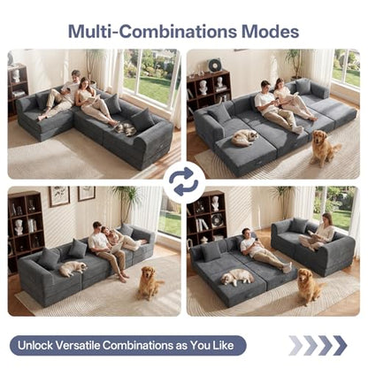 112" L Shaped Modular Sectional Sofa with Ottoman, Cloud Boneless Couch Deep Seat with 4 Pillows, Oversized Folding Sofa Bed Couches for Living Room Bedroom,No Assembly-Grey - color: Grey, size: 4 Seat