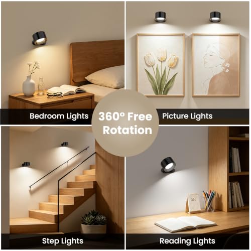 AKSDA 3Pack Battery Operated Wall Sconce, 3 Color Modes 3 Brightness Levels 360°Rotation Lighting Timer Touch & Remote Control, Wall Mounted Lamp LED Wall Lights for Bedroom Reading Bedside (Black) - color: Black-3PC