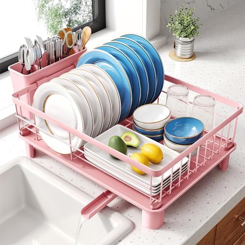 SNTD Dish Drying Rack for Small Kitchen Counter, 12.9" W x 16.9" L, Pink | Space Saving, Rotating Spout & Angled Drainboard for Quick Drainage, Stainless Steel, Removable Utensil Holder - color: Pink, size: 12.9" W x 16.9" L