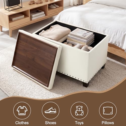 Homebeez Storage Ottoman with Tray Top, 22" Tufted Fabric Coffee Table with Storage, Foot Rest Ottoman with Nailhead Trim, for Living Room Bedroom, White - color: White Linen