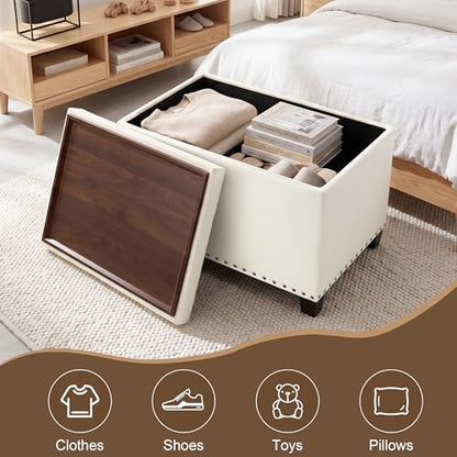 Homebeez Storage Ottoman with Tray Top, 22" Tufted Fabric Coffee Table with Storage, Foot Rest Ottoman with Nailhead Trim, for Living Room Bedroom, White - color: White Linen