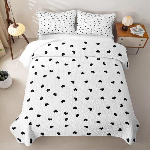 Sweet Heart Kids Quilt Set Full Size,Romantic Quilted Bedspread,Princess Style Quilted Coverlet with 2 Pillow Sham,Black White Bed Covers for All Season - color: Black White, size: Full